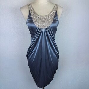 Y2K Charlotte Russe Womens Blue Satin Embellished Ruched Draped Party Dress Sz S